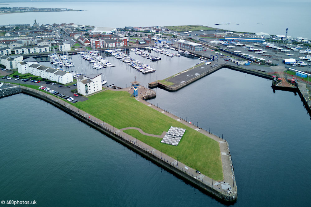 Ardrossan Marina and sculpture, North Ayrshire, aerial photograph