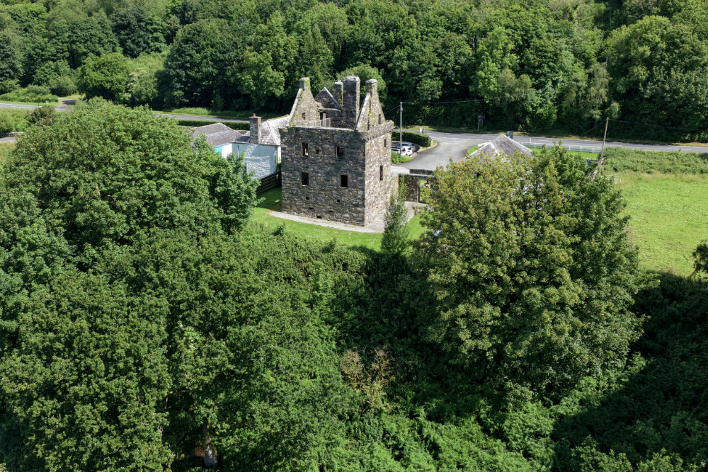 Carsluith Castle, Wigtown Bay, Dumfries and Galloway, licensable aerial photograph