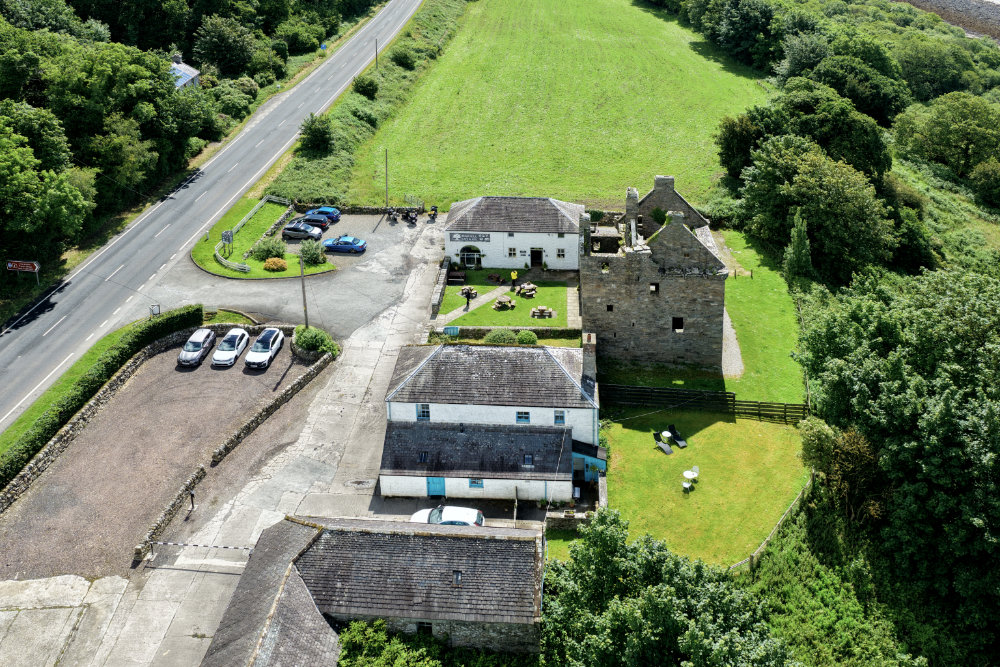 Carsluith Castle, Wigtown Bay, Dumfries and Galloway, licensable aerial photograph