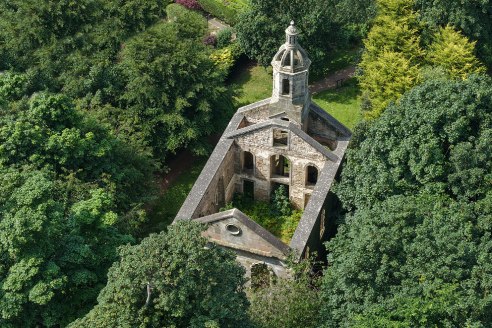 Donibristle Chapel, Dalgety Bay, Fife, Scotland, licensable aerial photograph
