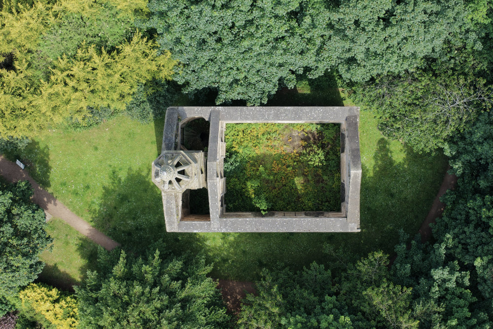Donibristle Chapel, Dalgety Bay, Fife, Scotland, licensable aerial photograph