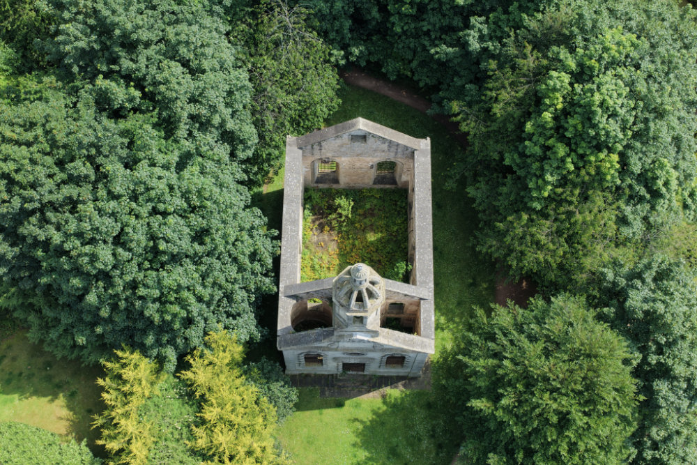 Donibristle Chapel, Dalgety Bay, Fife, Scotland, licensable aerial photograph