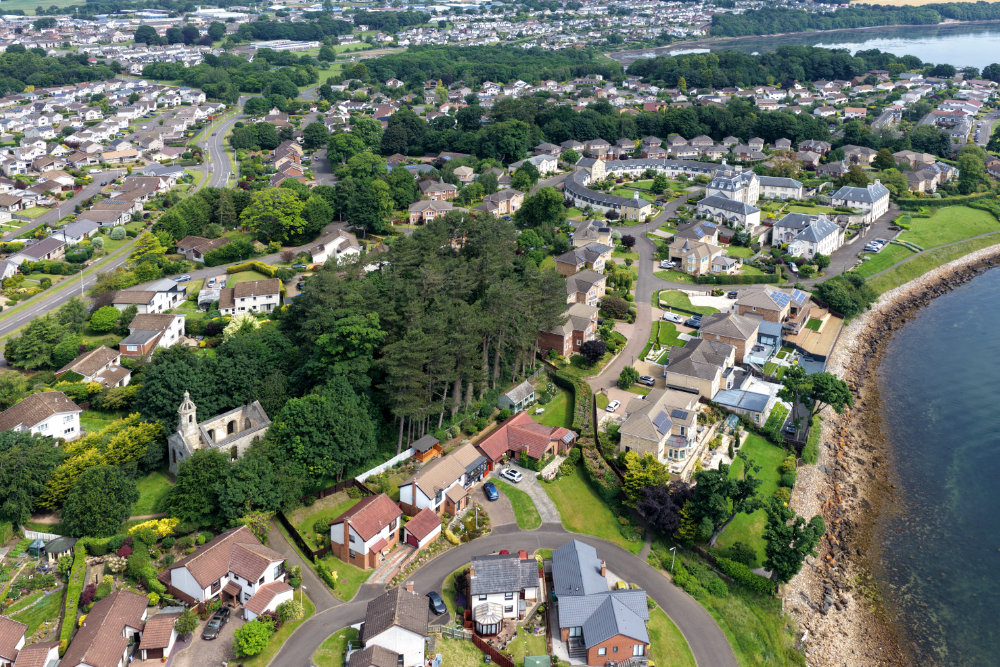 Donibristle Chapel, Dalgety Bay, Fife, Scotland, licensable aerial photograph