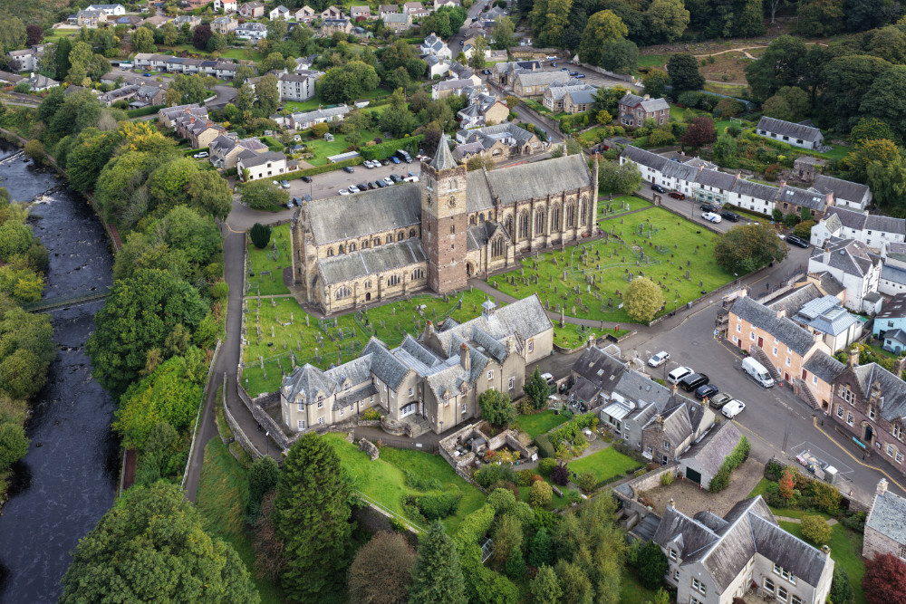Dunblane Cathedral, north of Stirling on the banks of the Allan Water, licensable aerial photograph