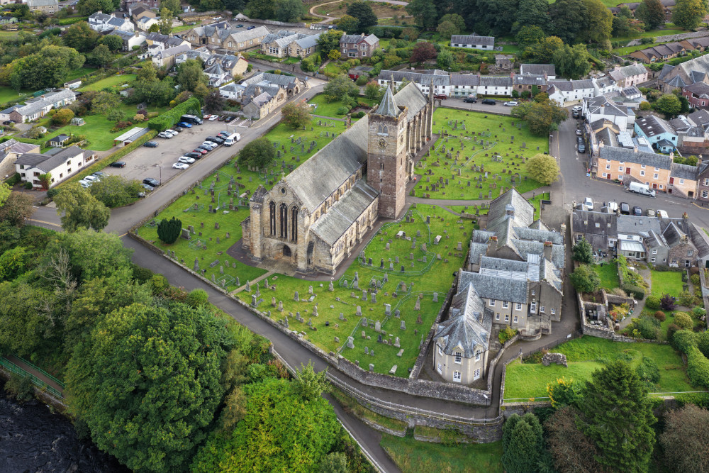 Dunblane Cathedral, north of Stirling on the banks of the Allan Water, licensable aerial photograph