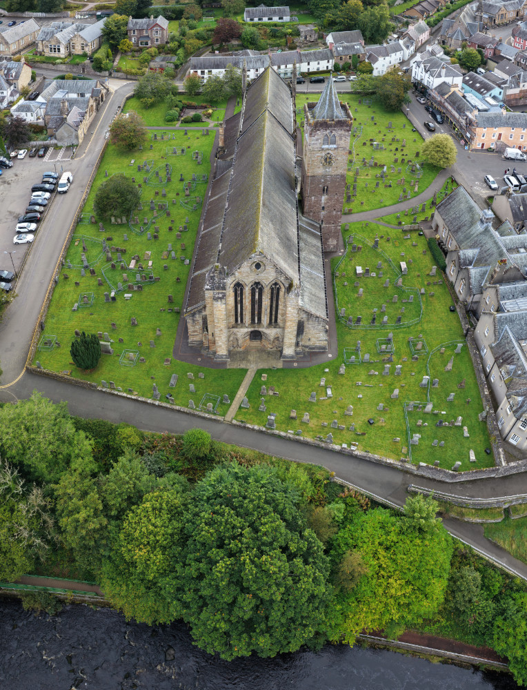 Dunblane Cathedral, north of Stirling on the banks of the Allan Water, licensable aerial photograph
