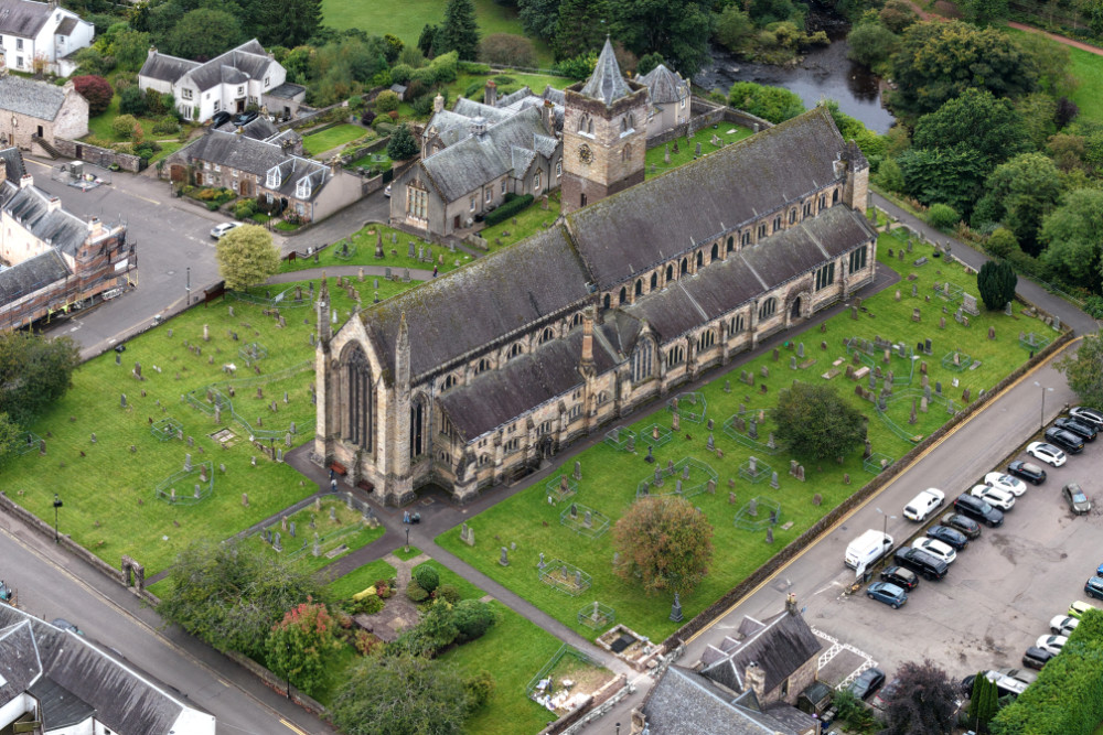 Dunblane Cathedral, north of Stirling on the banks of the Allan Water, licensable aerial photograph