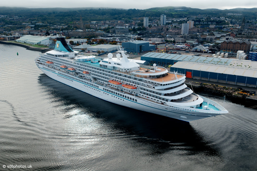 M.V. Artania, Greenock Cruise Terminal, aerial photograph