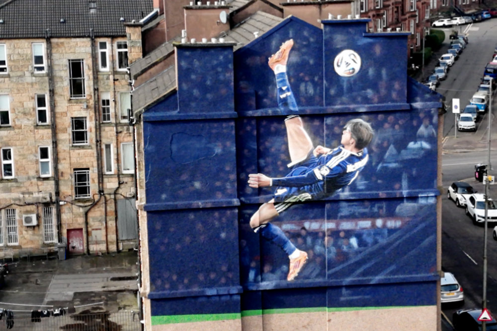 Scott McTominay mural,  Hampden Park, Glasgow, aerial photograph