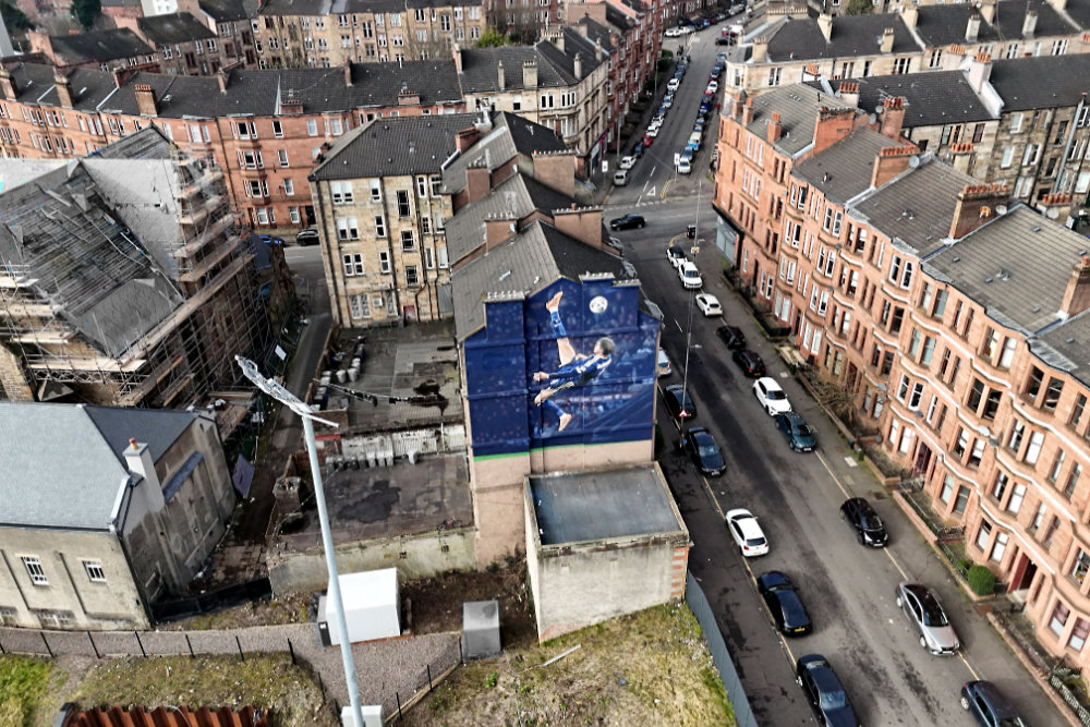 Scott McTominay mural,  Hampden Park, Glasgow, aerial photograph