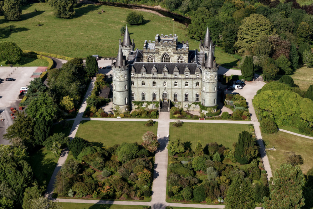 Inveraray Castle on the shores of Loch Fyne, Argyll and Bute, licensable aerial photograph