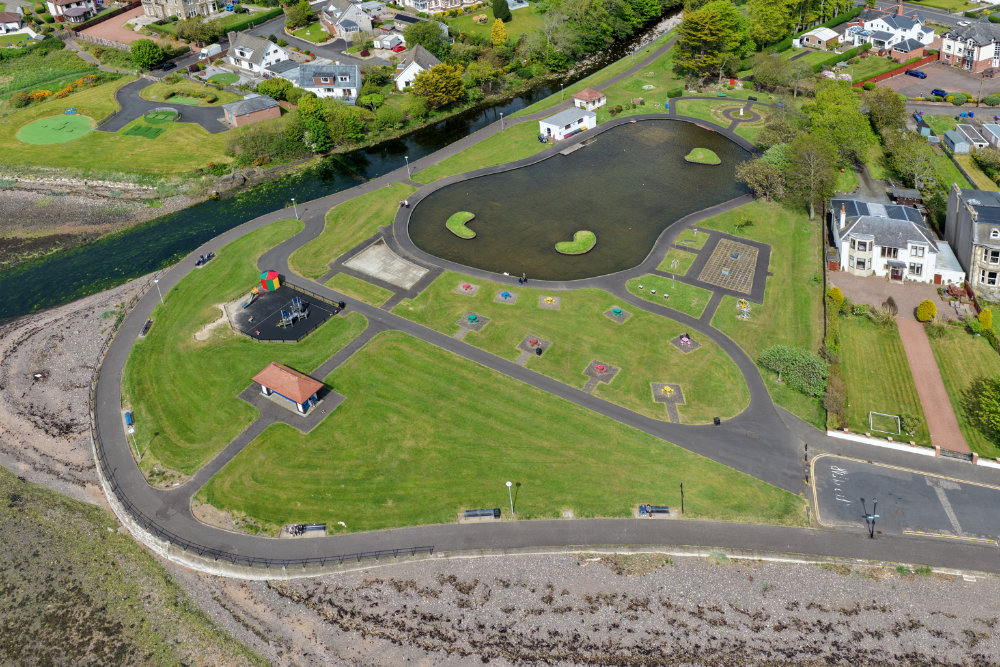 Largs Boating Pond, Largs, North Ayrshire, Scotland, licensable aerial photograph