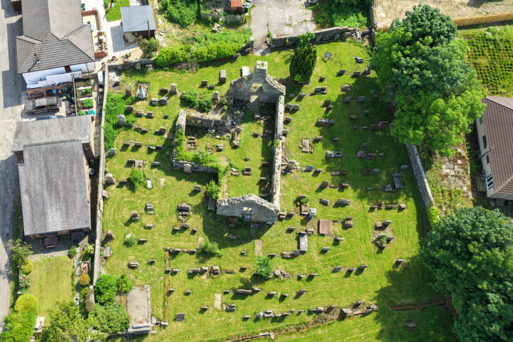 New Cumnock Old Parish Church, in ruins, licensable aerial photograph