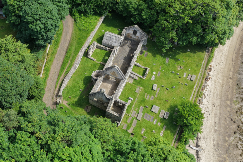 St Bridget's Kirk, Dalgety Bay, Fife, Scotland, licensable aerial photograph