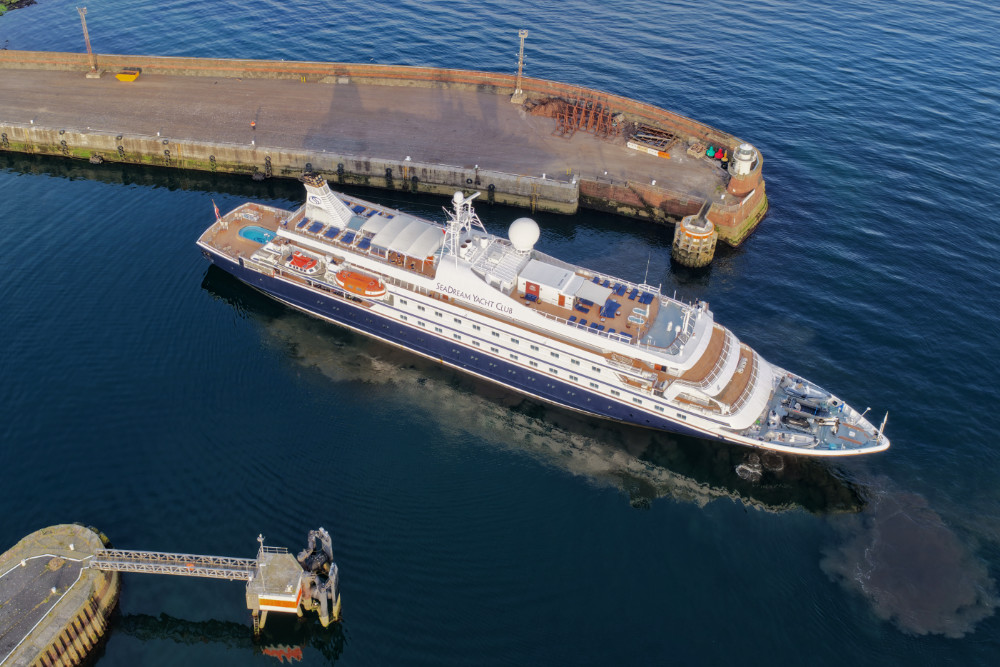 Seadream II from Seadream Yacht Club at Troon - licensable aerial photographs.